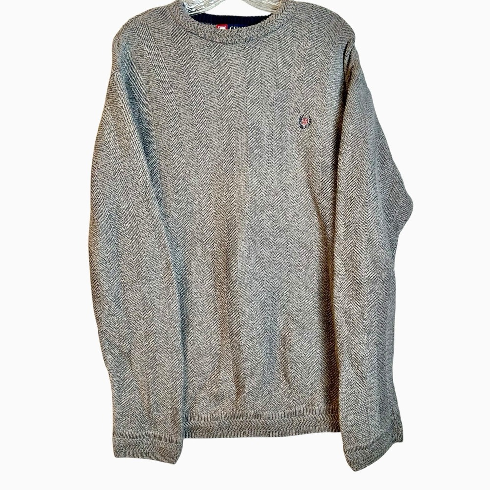 Herringbone knit cotton sweater gray crewneck monogram Chaps Ralph Lauren Medium